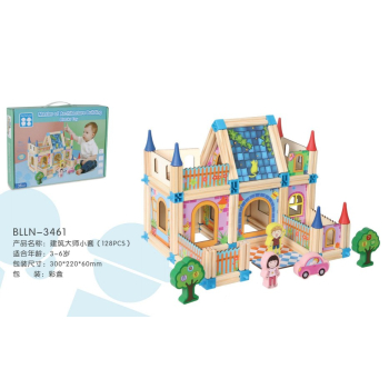 Drewniane klocki konstrukcyjne dla dzieci 3+ Kolorowy zestaw 128 el. do budowania domku